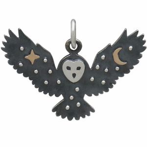 Sterling silver owl charm with bronze star & moon